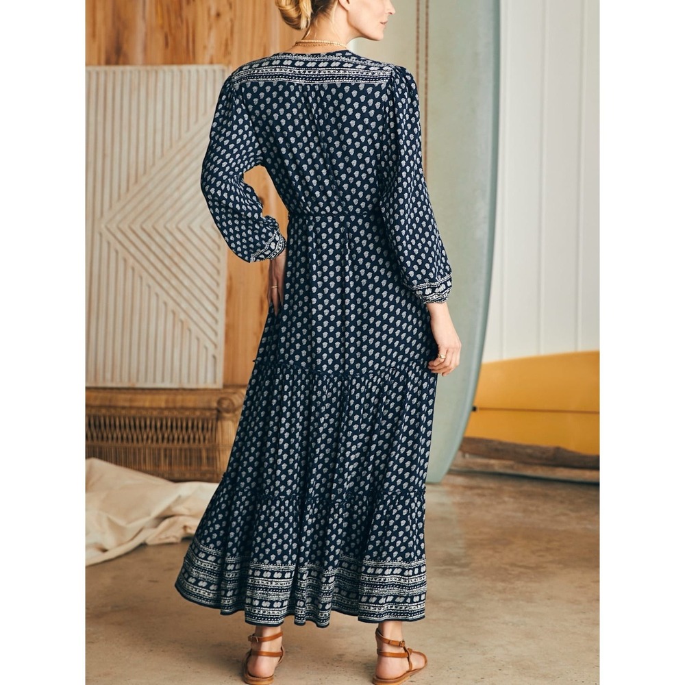 Faherty Orinda Long Sleeve Maxi Dress in navy blue and white. Sz S - Picture 7 of 16